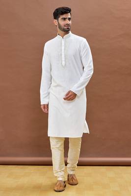 White embroidered art silk kurta-pajama 5