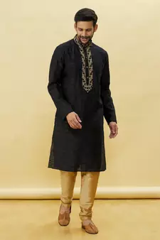 Black embroidered art silk kurta-pajama