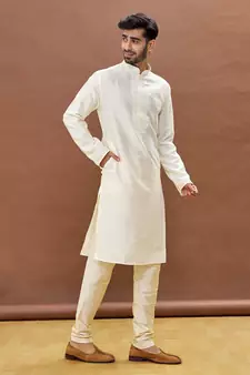 White embroidered art silk kurta-pajama