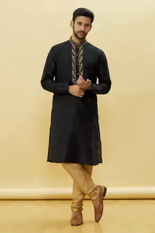 Black embroidered art silk kurta-pajama