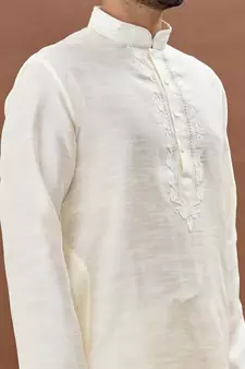 White embroidered art silk kurta-pajama