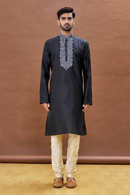 Black embroidered art silk kurta-pajama 1