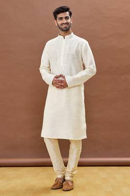 White embroidered art silk kurta-pajama 5