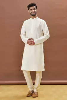 White embroidered art silk kurta-pajama