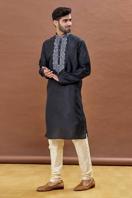 Black embroidered art silk kurta-pajama 2
