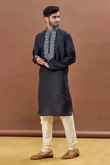 Black embroidered art silk kurta-pajama