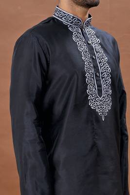 Black embroidered art silk kurta-pajama 3