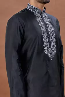 Black embroidered art silk kurta-pajama