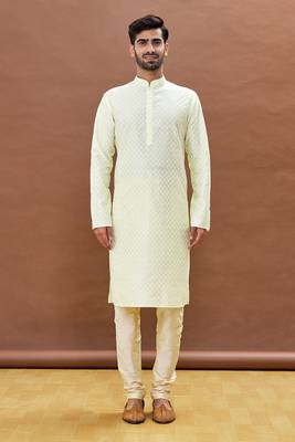 Yellow printed art silk kurta-pajama 1