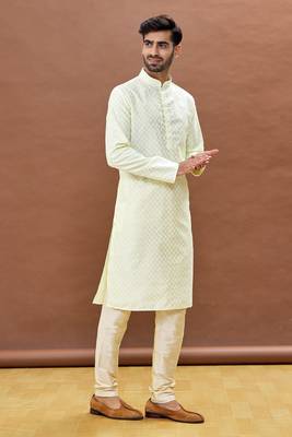 Yellow printed art silk kurta-pajama 2