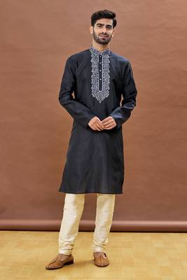 Black embroidered art silk kurta-pajama 5