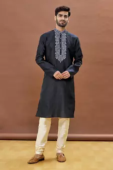Black embroidered art silk kurta-pajama