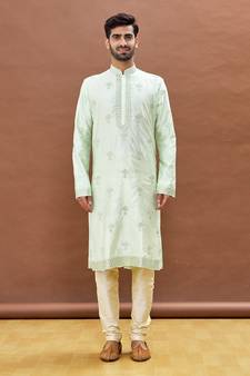 Green embroidered art silk kurta-pajama