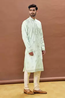 Green embroidered art silk kurta-pajama