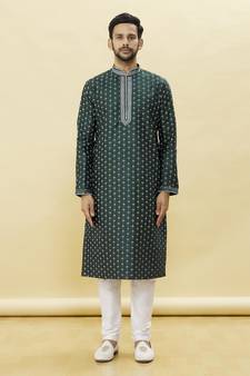 Green embroidered art silk kurta-pajama