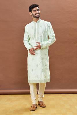 Green embroidered art silk kurta-pajama 5