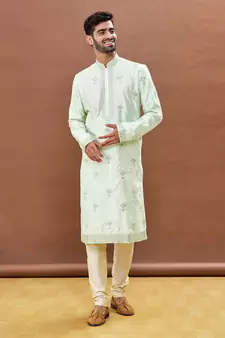 Green embroidered art silk kurta-pajama
