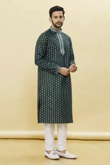 Green embroidered art silk kurta-pajama