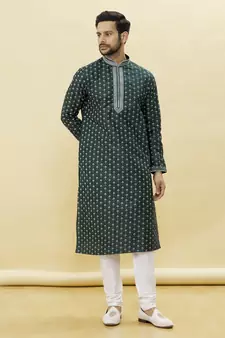 Green embroidered art silk kurta-pajama