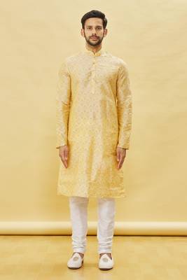 Yellow printed art silk kurta-pajama 1