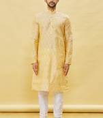 Yellow printed art silk kurta-pajama