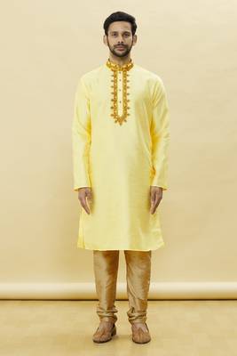 Yellow embroidered art silk kurta-pajama 1