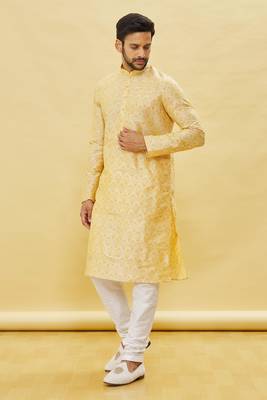 Yellow printed art silk kurta-pajama 2