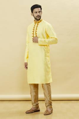 Yellow embroidered art silk kurta-pajama 2