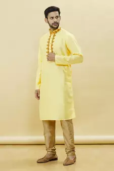 Yellow embroidered art silk kurta-pajama