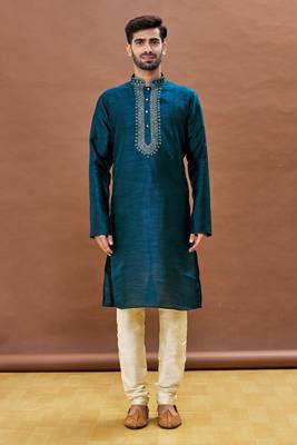 Rama Green embroidered art silk kurta-pajama 1
