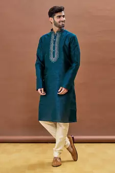 Rama Green embroidered art silk kurta-pajama