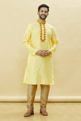 Yellow embroidered art silk kurta-pajama 5
