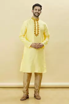 Yellow embroidered art silk kurta-pajama