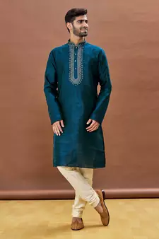 Rama Green embroidered art silk kurta-pajama