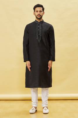 Black embroidered art silk kurta-pajama 1