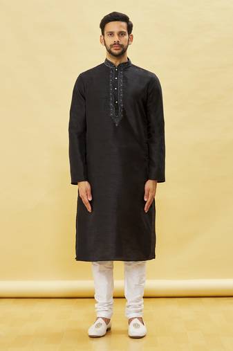 Black embroidered art silk kurta-pajama