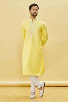Yellow embroidered art silk kurta-pajama