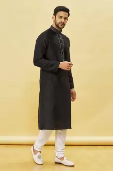 Black embroidered art silk kurta-pajama