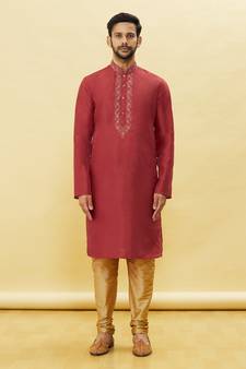Maroon embroidered art silk kurta-pajama