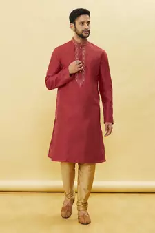 Maroon embroidered art silk kurta-pajama