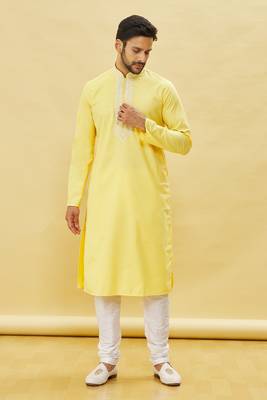 Yellow embroidered art silk kurta-pajama 5