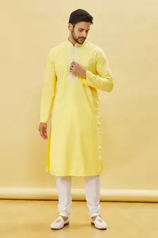 Yellow embroidered art silk kurta-pajama