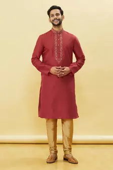 Maroon embroidered art silk kurta-pajama