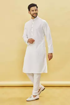 White embroidered art silk kurta-pajama