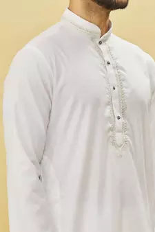 White embroidered art silk kurta-pajama