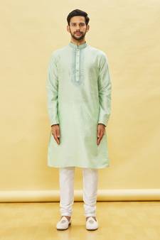 Green embroidered art silk kurta-pajama