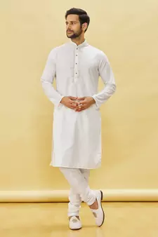 White embroidered art silk kurta-pajama