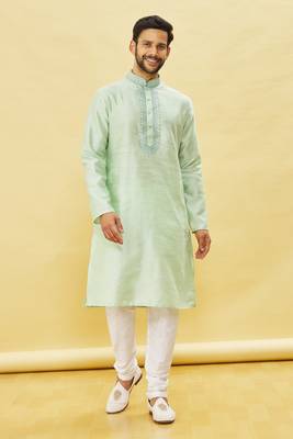 Green embroidered art silk kurta-pajama 2