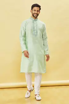 Green embroidered art silk kurta-pajama