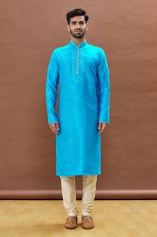 Blue embroidered art silk kurta-pajama